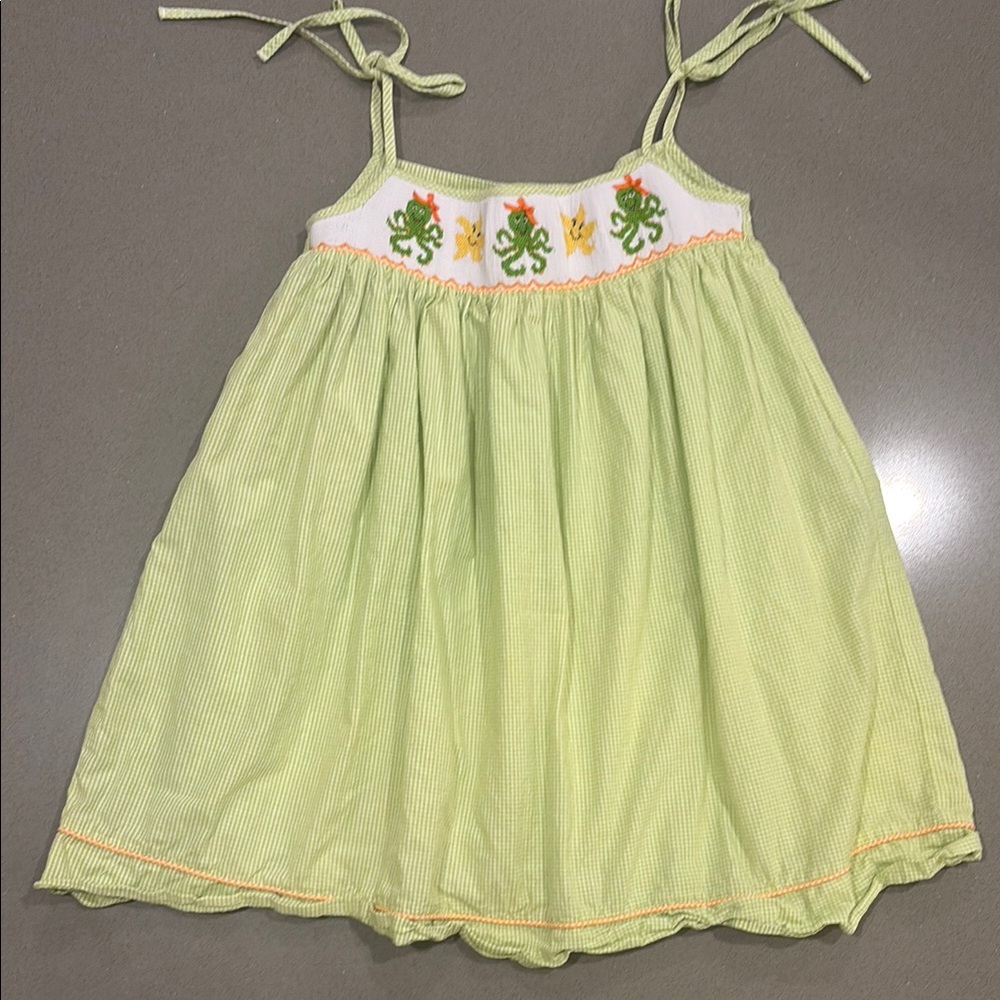 Green Smocked Sundress with Embroidery